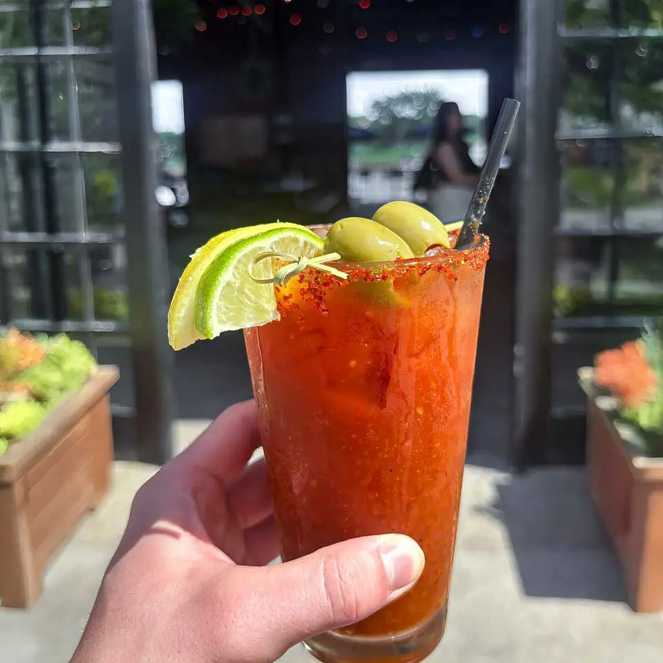 Hand holding up cup of bloody mary cocktail