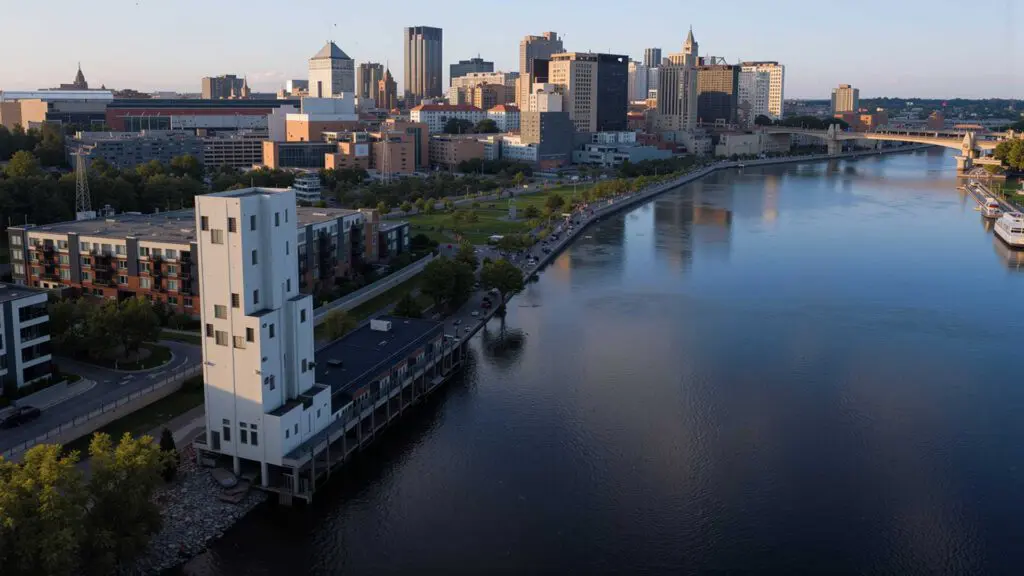 Aerial view of City House, downtown St. Paul and the Mississippi River
